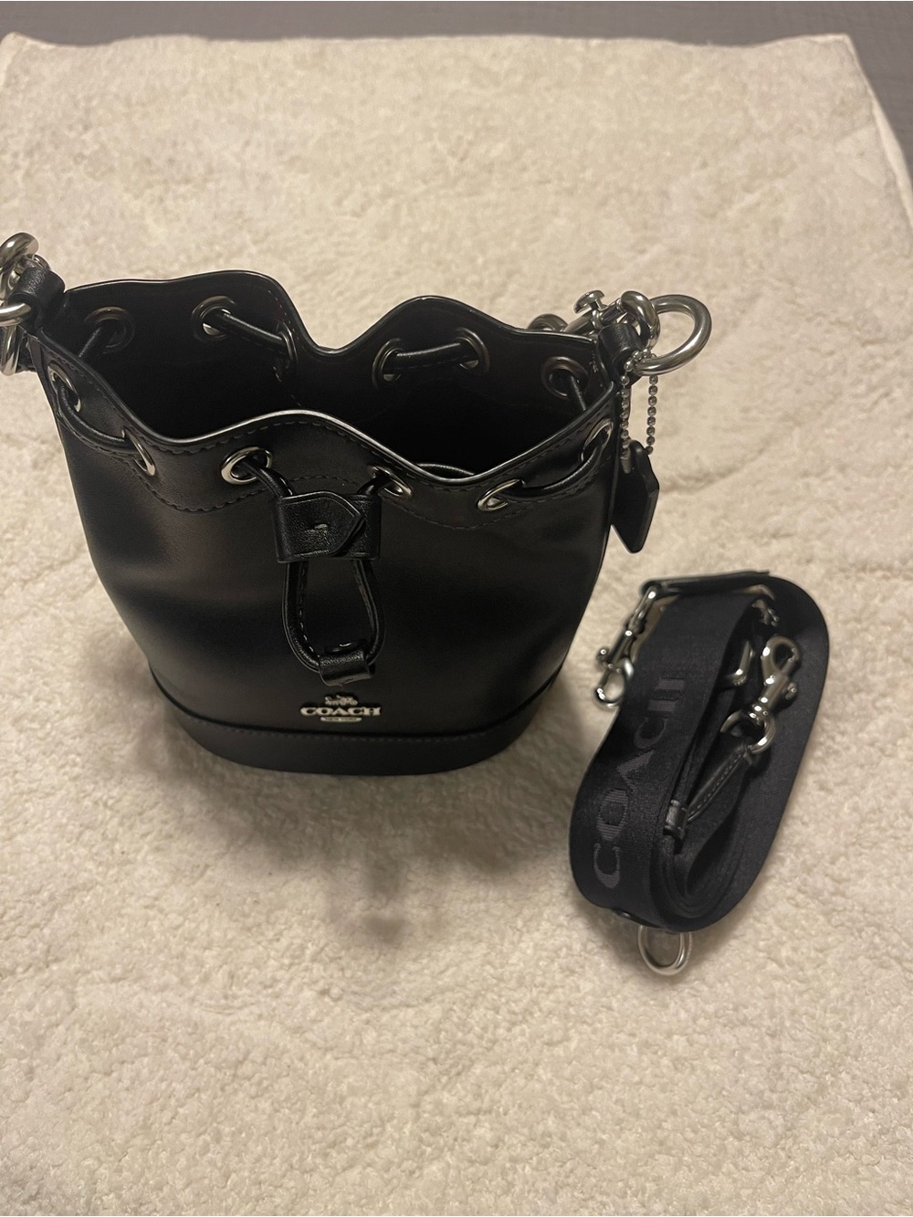 Coach Black Leather Mini Drawstring Bucket Bag with Logo Strap